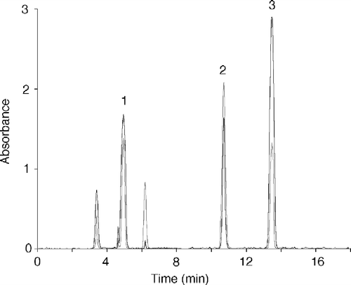 Figure 4 Chromatographic analysis of retinoids produced by xanthine oxidase assayed with t-ROL-CRBP. The chromatographic pattern reported is related to an assay performed with 5 nM xanthine oxidase, 256 nM t-ROL, 25.6 nM CRBP and 250 nM CRABP. Chromatographic elution was performed with acetonitrile-10 mM ammonium acetate (65:35 v/v) at a flow of 1 mL min− 1 and retinoids were monitored at 325 nm (grey profile) and 350 nm (dark profile). Peaks are as follows: 1, all trans-retinoic acid; 2, all trans-retinol; 3, all trans-retinaldehyde.