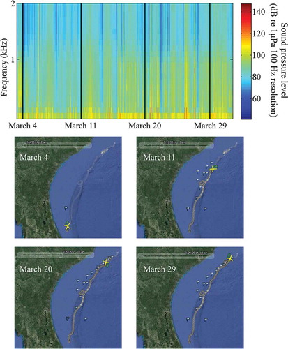 FIGURE 2. Composite spectrogram, showing the band sound pressure level (dB referenced to 1 μPa; 100-Hz resolution) up to 2 kHz, with four date marks (all dates are from 2014; upper panel); and the corresponding position of the autonomous glider along the southeastern U.S. coast on those dates (lower panels). The yellow symbol in the lower panels represents the glider; the direction the icon is facing indicates the glider’s heading. The white flags represent waypoints that were used to navigate the glider during the mission.