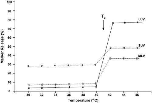 Figure 6. Schematic depiction of temperature-induced release of the water-soluble marker calcein from different types of liposomes composed of DPPC:DCP:Chol (7:2:1). Taken from Mozafari (Citation2010).