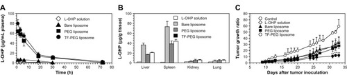 Figure 3 Plasma clearance (A) and biodistribution (B) of L-OHP, bare liposomes, PEG liposomes, and TF-PEG liposomes after intravenous injection. (C) Comparison of tumor growth suppression with free L-OHP and liposomes encapsulating L-OHP in a Colon-26 mouse model.Note: Reprinted from International Journal of Pharmaceutics. Vol 346(1–2). Suzuki R, Takizawa T, Kuwata Y, et al. Effective anti-tumor activity of oxaliplatin encapsulated in transferrin PEG-liposome, pages 143–150. Copyright (2008), with permission from Elsevier.Citation73Abbreviations: PEG, polyethylene glycol; TF, transferrin; L-OHP, oxaliplatin; h, hours.