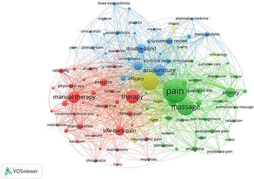 Figure 8 Map of co-occurrence keywords from publications about tuina treatment for analgesia.