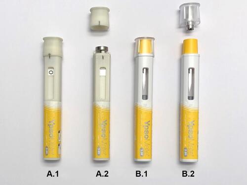 Figure 1 Non-functional mock-up autoinjector device used to simulate decapping handling step before (A.1) and after cap removal (A.2), and fully functional pre-filled autoinjector device before (B.1) and after cap removal (B.2).