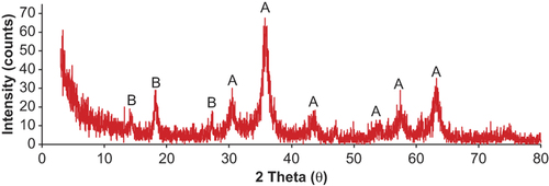 Figure 2. XRD patterns of C60-γ-Fe2O3 SPIONs, A: peaks correspond to C60, B: peaks correspond to γ-Fe2O3.