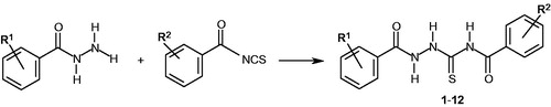 Figure 1. Synthetic route for preparation of 4-benzoyl-1-dichlorobenzoylthiosemicarbazides 1–12. R1 and R2 substituents are presented in Table 1.