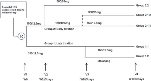 Figure 1. Study design. HTN, hypertension; V, visit; W, week; R, randomized.