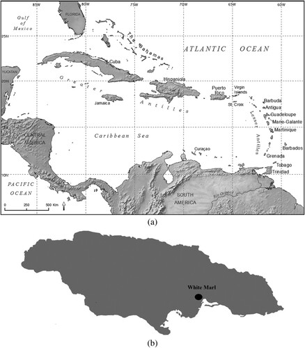 Figure 1 (a) Map of the West Indies; (b) Jamaica showing the location of White Marl.