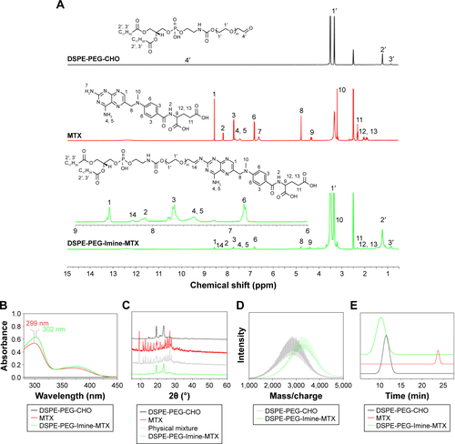 Figure S1 (A) 1H NMR, (B) UV–vis absorption, (C) XRD, (D) MALDI-TOF-MS, and (E) GPC spectra of DSPE-PEG-CHO, MTX, and DSPE-PEG-Imine-MTX amphiphilic polymer prodrug.Abbreviations: 1HNMR, 1H nuclear magnetic resonance; DSPE-PEG, 1,2-distearoyl-sn-glycero-3-phosphoethanolamine-N-[(polyethylene glycol)-2000]; DSPE-PEG-CHO, 1,2-distearoyl-sn-glycero-3-phosphoethanolamine-N-(aldehyde[polyethylene glycol]-2000); GPC, gel permeation chromatography; MALDI-TOF-MS, matrix-assisted laser desorption/ionization time-of-flight mass spectrometry; MTX, methotrexate; UV–vis, ultraviolet–visible; XRD, X-ray diffractometer.
