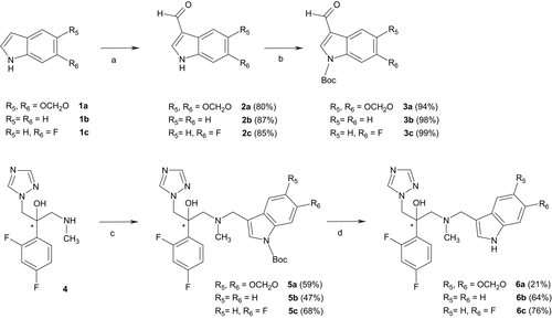 Scheme 2.  Preparation of targeted compounds 5a-c and 6a-c. Reagents and conditions: (a) (i) POCl3, DMF, 0°C to 35°C, (ii) NaOH, 100°C; (b) Boc2O, DMAP, CH3CN, room temperature, 2 h; (c) 3, NaBH3CN, AcOH/MeOH 2% v/v, room temperature, 24 h; (d) ZnBr2, CH2Cl2, room temperature, 24 h.