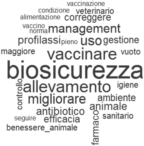 Figure 2. Word cloud of the strategies proposed by the pig veterinarians. aWords with a greater number of occurrences included ‘Biosecurity’, ‘Rearing farm’, ‘Vaccinate’, and ‘Improve’.