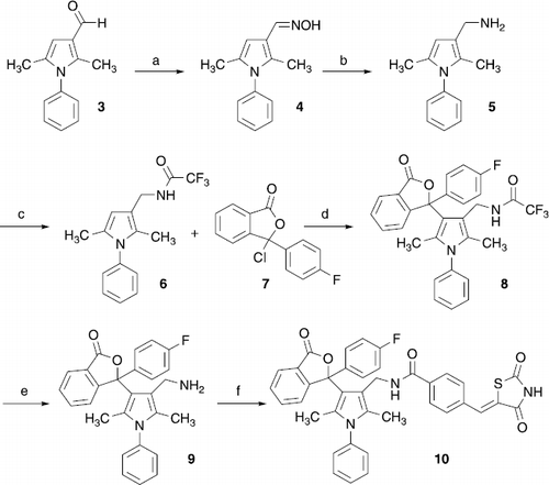 Scheme 1 (a) Hydroxylamine-HCl, Na2CO3, methanol, reflux; (b) TiCl4, NaBH4, 1,2-dimethoxyethane, room temp.; (c) ethyl trifluoroacetate, THF, 0°C; (d) 7, SnCl4, 1,2-dichlororethane, reflux; (e) KOH, water, methanol, room temperature; (f) 4-(2,4-dioxothiazolidin-5-ylidenemethyl)benzoic acid, EDC, 1-hydroxybenzotriazole, DMF, room temp.