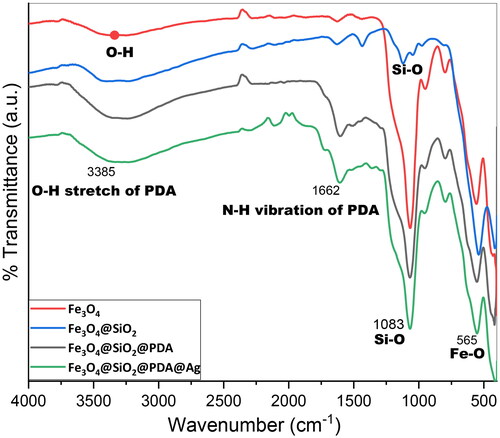 Figure 4. FT-IR of (a) Fe3O4, (b) Fe3O4@SiO2, (c) Fe3O4@SiO2@PDA, and (d) Fe3O4@SiO2@PDA@Ag nanocomposite.