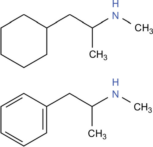 Figure 4 The single chemical difference between propylhexedrine (top) and methamphetamine (bottom) is the aromatic ring.