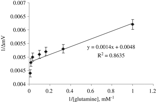 Figure 7. The Lineweaver–Burk plot of glutaminase from Hypocria jecorina immobilized in prepared glutamine biosensor. The measurements were made using our proposed glutamine biosensor.
