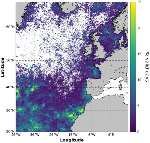 Figure 2.4.2. 2019 eutrophic indicator map for the North Atlantic Ocean, in terms of percentage of days with chlorophyll values above the 1998–2017 P90 climatological reference, calculated using the CMEMS Ocean Colour ATL REP dataset (OC-CCI, product reference 2.4.1).