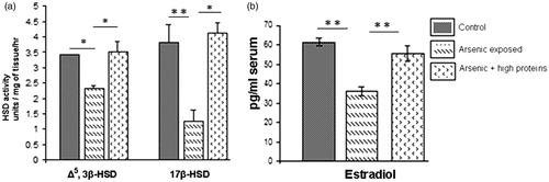 Figure 3. (a) Comparative ovarian Δ5, 3β-HSD and 17β-HSD activities in the control and arsenic-treated groups with or without HPD supplementation (mean ± SEM), n = 8. (b) Comparative estradiol levels in the control and arsenic-treated groups with or without HPD-supplementation (mean ± SEM), n = 8. *p < 0.05 and **p < 0.001.