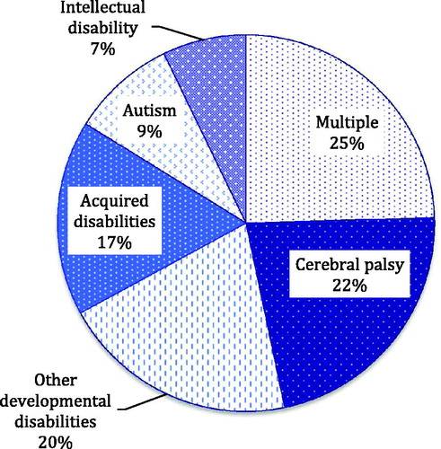 Figure 4. Percentage of intervention research papers published between 1985 and 2014 that included an individual with the listed disability.