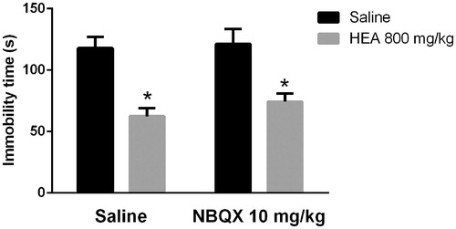 Figure 4. Effects of NBQX (10 mg/kg, i.p.) on the HEA (800 mg/kg, p.o.) actions in the TST. Each column represents the mean ± SEM. N = 8–10. *p < 0.01 × saline–saline. Two-way ANOVA followed by Tukey’s post hoc test.