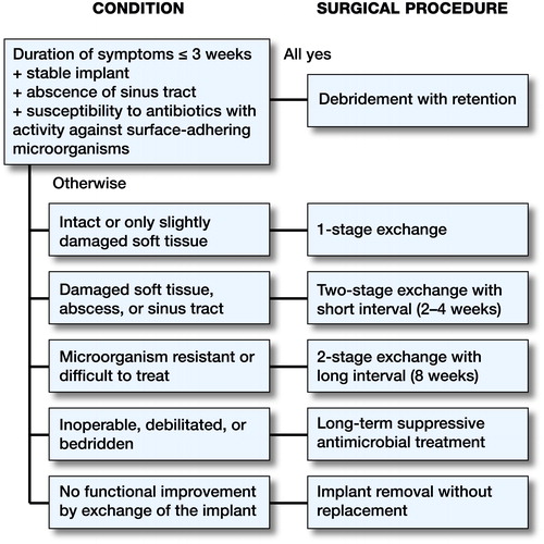 Figure 1. Surgical treatment algorithm for prosthetic joint infections. Modified according to Trampuz and Zimmerli (Citation2005).