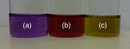 3 The absorption spectra of the fullerenes change as the size of the conjugated system increases: with slight variations depending on solvent, solutions of C60 are an intense purple colour a, C70 red like wine b and C84 a green-yellow. (All above solutions in toluene). Generally speaking, the gap between the highest occupied molecular orbital and the lowest unoccupied molecular orbital decreases with increasing cage size leading to optical absorptions of lower energy, i.e. longer wavelengthCitation7