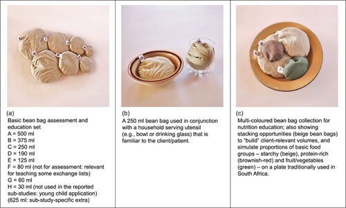 Figure 1: Bean bags: description of set and uses in dietary assessment and education.