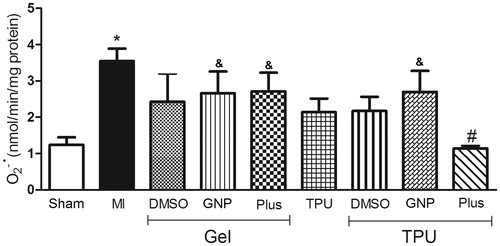 Figure 1. Effect of TPU + Plus gel on superoxide anion production in skeletal muscle after injury (48 h). Data are expressed as the means ± standard error of mean for six animals. *p < 0.05 compared to sham, #p < 0.05 compared to muscle injury without treatment, &p < 0.05 compared to TPU + Plus (Tukey’s test).