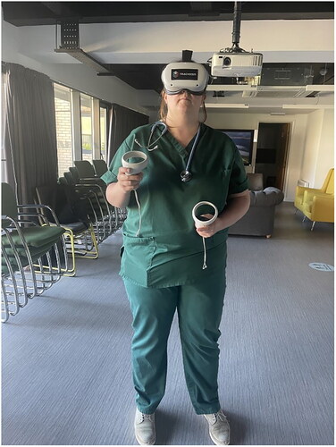 Figure 5. Healthcare professional interfacing with the virtual reality sepsis simulation using Quest 2 system.