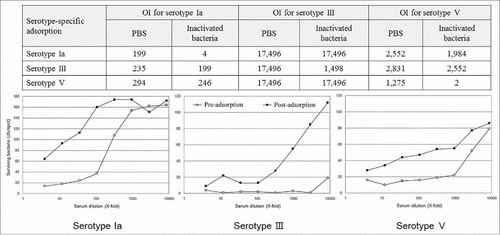 Figure 2. Specificity analysis of the group B streptococcus (GBS) multiplexed opsonophagocytic killing assay (MOPA). Specificity of the GBS-MOPA was analyzed by comparing pre-adsorption (open circle) and post-adsorption (closed circle) opsonic indexes (OIs) of the serum samples with homologous/heterologous GBS. Results with homologous adsorption are presented in the graphs. The y-axis and x-axis indicate the number of bacteria and the three-fold serum dilution number, respectively.