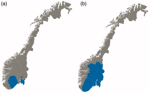 Figure 1. The geographical areas of inclusion of patients to the population-based inception cohort studies (a) IBSEN, recruited from the counties of Oslo, Østfold, Telemark and Aust-Agder during 1990–1994, and (b) IBSEN III, recruited from the counties of Agder (previously Aust-Agder and Vest-Agder), Innlandet (previously Oppland and Hedmark), Oslo, Vestfold and Telemark, and Viken (previously Buskerud, Akershus and Østfold), corresponding to the South-Eastern Health Region of Norway, during 2017–2019.
