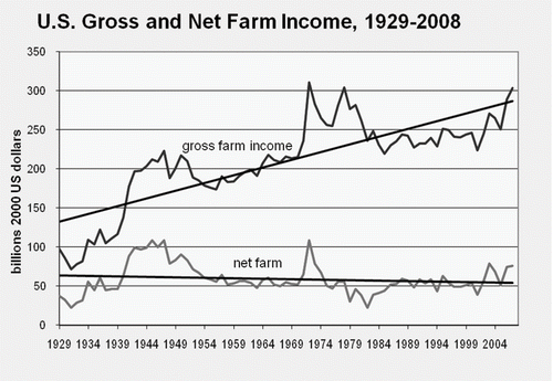 FIGURE 4 US gross and net farm income, 1929–2008 ($2000 dollars).