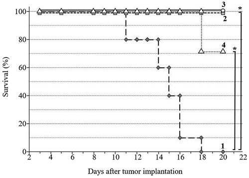 Figure 5. Overall survival of Walker-256 carcinosarcoma-bearing rats 20 days after tumor implantation: 1 – no treatment; 2 – DOX; 3 – DOX + EMF; 4 – EMF