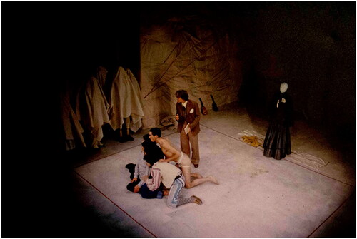 Figure 1. Production still for A Whip Round for Percy Grainger (1982). Left to right: Alan Knoepfler (front), Monica Maughan, David Cameron (obscured), Tony Mack, Margaret Cameron. Photographer: Fred Wallace. Reproduced with permission of the Malthouse Theatre, and with thanks to Thérèse Radic. More production images can be found online: https://stories.malthousetheatre.com.au/shows/a-whip-round-for-percy-grainger/.