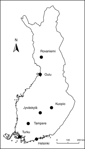 Figure 1.  The study area includes the seven largest cities of Finland.