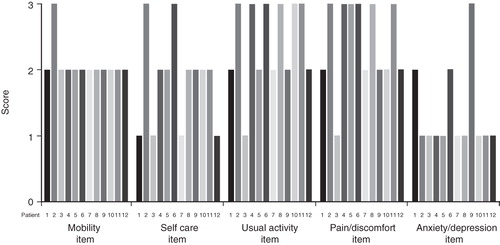 Figure 4.  Profile of the EQ-5D scores on the day of interview across domains by patient (1 = no problems, 2 = some problems, 3 = severe problems). Patients 7, 10, and 12 had a diagnosis of SCLC.