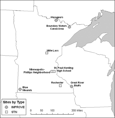 Figure 1. STN and IMPROVE PM2.5 chemical speciation sites in Minnesota. The STN sites are (1) Mille Lacs (ML), (2) Minneapolis—Phillips Neighborhood (MPN), (3) St. Paul—Harding High School (SPH), and (4) Rochester (ROC). The IMPROVE sites are (1) Voyageurs National Park (VOYA), (2) Boundary Waters Canoe Area (BOWA), (3) Blue Mounds State Park (BLMO), and (4) Great River Bluffs State Park (GRRI).