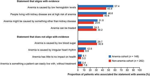 Figure 2 Beliefs about anemia and its causes.Notes: Graph shows the percentages of patients who selected each statement in response to the question, “Which of the following statements about anemia do you think are correct?”.