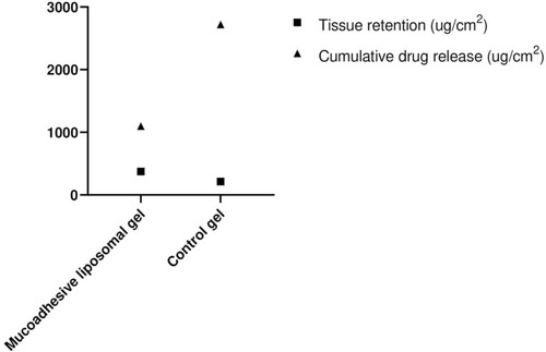 Figure 7 Cumulative drug release and tissue retention of mucoadhesive liposomal gel and control gel.
