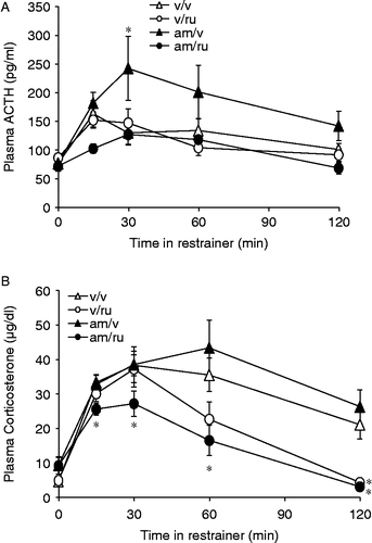 Figure 4.  Two mg/kg AM251 injected 60 min before 150 μg/kg RU28362, 2 min before the onset of restraint, produced blunted hormonal responses to restraint stress. Rats that received the combination of AM251/RU28362 showed lower plasma ACTH values at 15 min following the onset of restraint and significantly lower values at 120 min (A). AM251 administered 1 h before RU28362 administration and 62 min before the onset of restraint produced consistently lower stress-induced plasma corticosterone concentrations from 15 to 120 min into the restraint period. RU28362 alone produced significantly blunted corticosterone levels only 120 min following the onset of restraint (B). Values are group mean + SEM; n = 17–20 per group. *p < 0.05 vs. other groups.