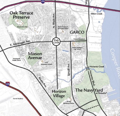 Figure 3.  Map of North Charleston showing the location of the Textile plant (GARCO) and the US Navy Yard. The distance from GARCO to the Navy Yard is a few hundred meters. The width of the map is approximately 3.5 km.