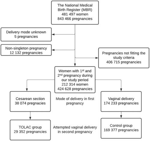 Figure 1. Flowchart depicting the process used to divide the study population into groups. Trial of labors after cesarean section (TOLACs) were compared to the control group. Exclusion criteria for the pregnancies in this study were the following: Only the first and second pregnancies of the mother were included. However, pregnancies of mothers who had only one pregnancy during our study period were excluded from the analysis. In addition, women with a missing delivery mode in either of included pregnancies were excluded from the analysis.