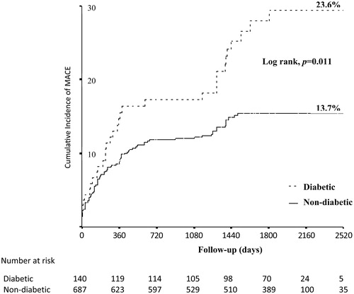 Figure 1. Kaplan–Meier estimates of the primary endpoint (a composite of cardiac death, non-fatal myocardial infarction, or ischaemia-driven target lesion revascularization) in the two subgroups at long-term follow-up. MACE: major adverse cardiac events.