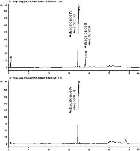 Figure 2. HPLC–ELSD chromatogram of the methanol extract of Astragali Radix according to the method of the (A) European Pharmacopoeia (Pharm. Eur.) and (B) the accelerated method.