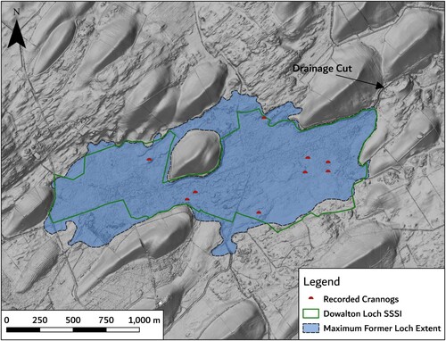 Figure 3. Lidar Composite Digital Terrain Model Scotland (Phase 3) 50 cm resolution hillshaded with modelled former maximum extent of Dowalton Loch at (c. 43 m OD) and current extent of Dowalton Loch SSSI. © Open Government Licence, accessed from EDINA Digimap service.