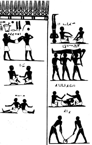 Figure 8. Some depictions of boys playing games. From the eastern half of the south wall in the tomb of Khety (Tomb 17, Beni Hasan). Modified from Newberry Citation1894 (plate XVI).