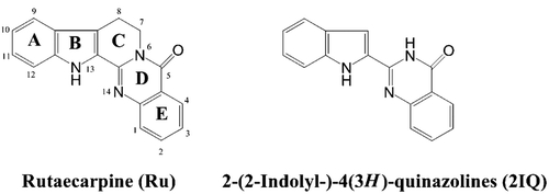 Figure 2.  Structures of 2-(2-indolyl-)-4(3H)-quinazolines (2IQ) and rutaecarpine (Ru).
