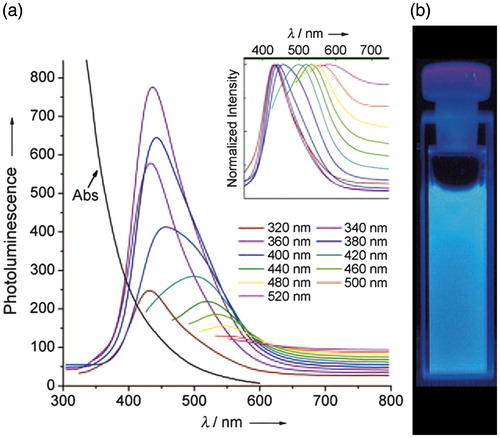 Figure 12. (a) Diagram illustration of UV/Vis absorption and PL emission spectra (recorded for increasingly longer excitation wavelengths from 320 to 520 nm in 20 nm increments) of CQDs surface-passivated with PEG1500N in water. In the inset, the emission spectral intensities are normalized. (b) Optical photograph attained under excitation at 365 nm. (Reprinted with permission from Ref.[Citation22] Copyright 2009 John Wiley and Sons).