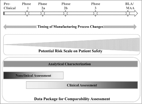 Figure 2. Nature and Timing of Biologics Manufacturing Process Changes Determines the Overall Potential Risk on Patient Safety and the Rigor of Comparability Assessment.