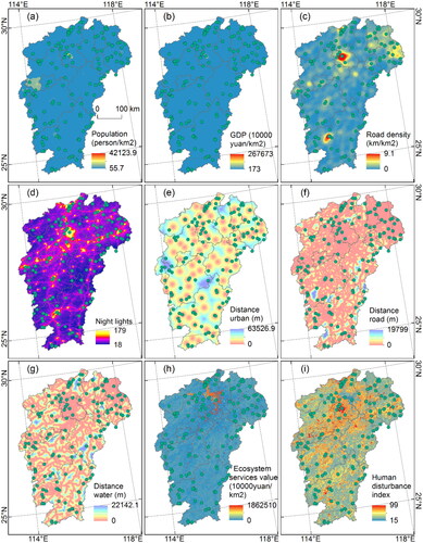 Figure 6. Socio economic factors of natural tourism potential in Jiangxi Province. (a) Population density; (b) GDP density; (c) road density (d) night light; (e) distance to cities; (f) distance to roads; (g) distance to water bodies; (h) ecosystem service value; and (i) ecological human disturbance index.
