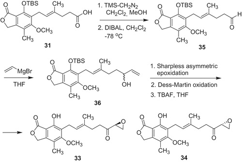 Scheme 6. Synthesis of enantiomeric mycophenolic epoxyketones 33 and 34Citation42.