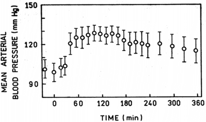 Figure 1 Transient of the pressure response after infusion in the cat of sebacoyl crosslinked HbA.