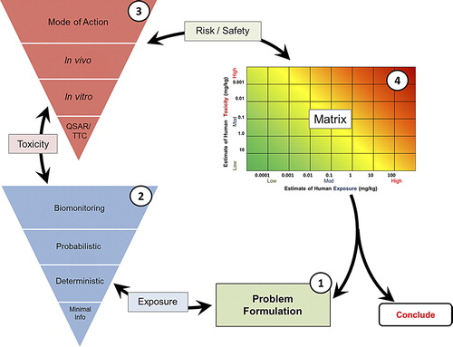 Figure 1. The RISK21 roadmap. This diagram is a schematic representation of a multifunctional tool that provides a transparent process for obtaining rational risk-related decision points. The inverted triangles for exposure and toxicity represent the proportional investment of resources needed for each tier. The following steps describe the use of the roadmap and are described in additional detail in CitationEmbry et al. (2014): 1) Problem formulation: Define problem. This initial step is reevaluated throughout the iterative process; 2) Exposure estimate: Obtain tiered estimate of exposure BEFORE assessing toxicity. Use existing knowledge. Express as range; 3) Toxicity estimate: Obtain tiered estimate of toxicity. Use existing knowledge. Develop data only as needed. Express as range; 4) Matrix: Intersect exposure and toxicity estimates on the matrix.